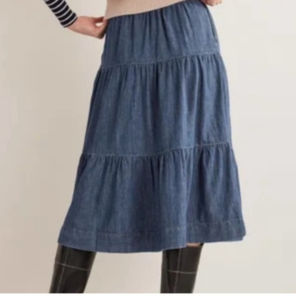 Boden Tiered Denim Button-Down 100% Cotton Denim Midi Skirt - Picture 8 of 9
